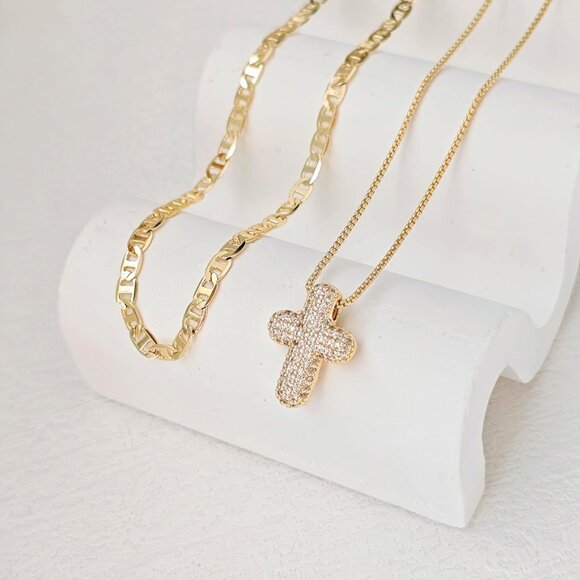 Bubble Cross Necklace for Women 14k Gold Plated Cross Necklace Stackable Dainty - Picture 7 of 7